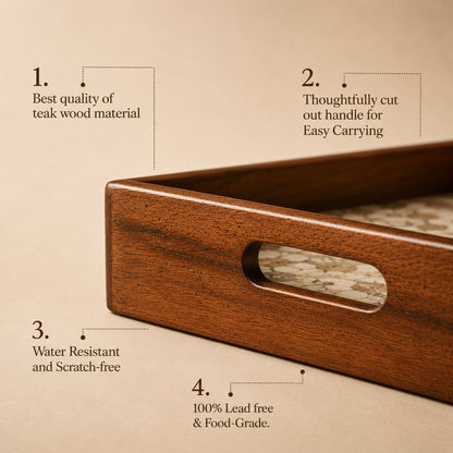 Golden Whisper Wooden Serving Tray, Set of 3, Premium Teak Wood