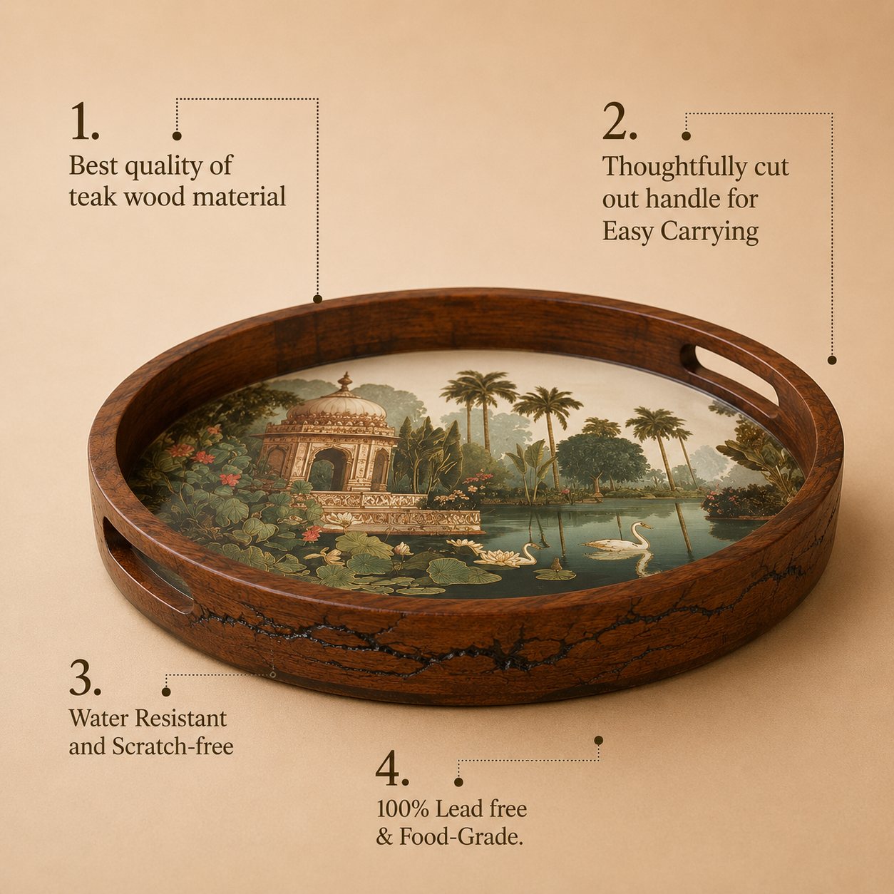 Tropical Serenity Wooden Serving Tray, Round - Features