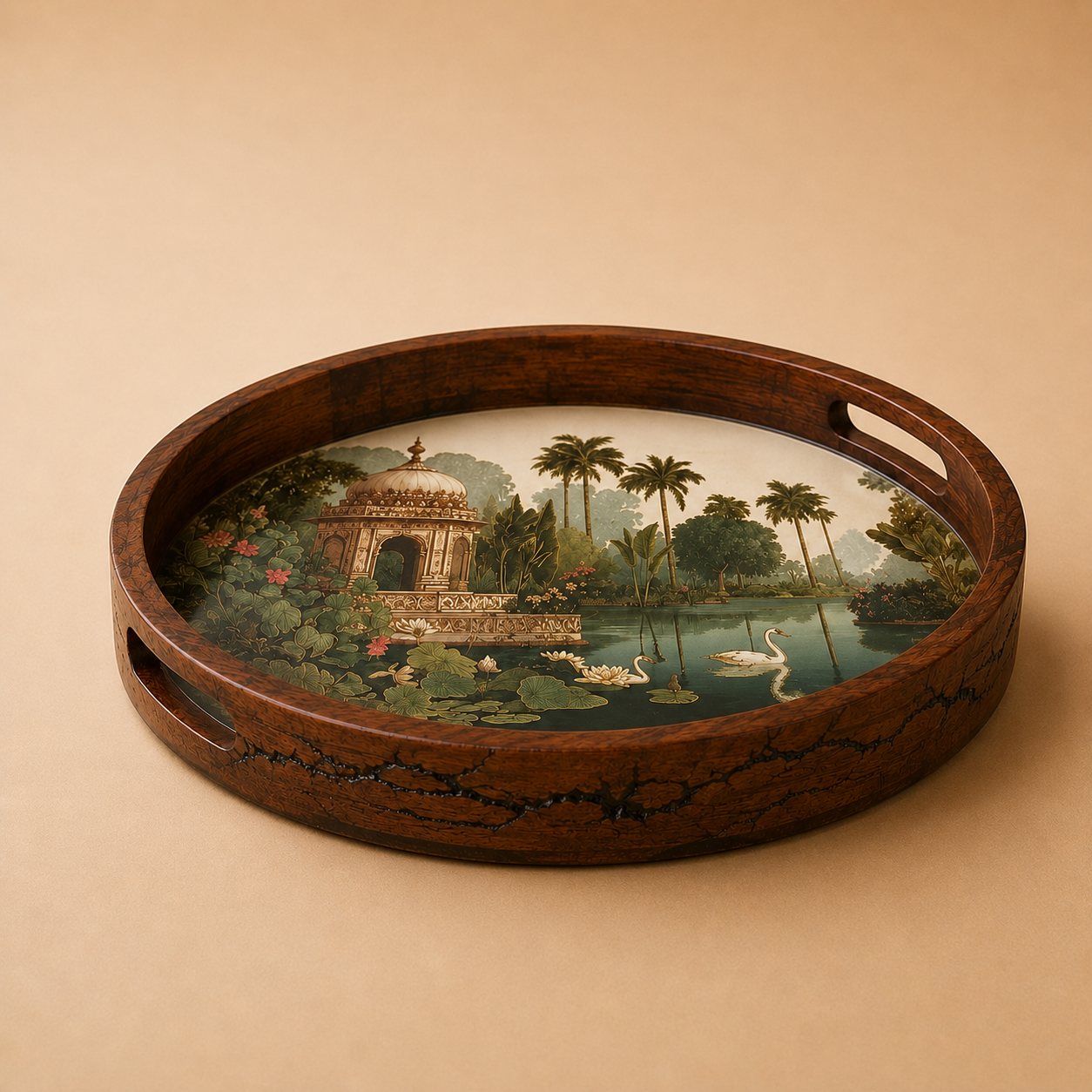 Tropical Serenity Wooden Serving Tray, Round - Hero
