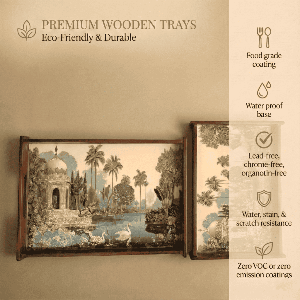 Tropical Serenity Wooden Serving Tray Set of 2 Premium Teak Wood with Eco-Friendly Features and Food Grade Coating