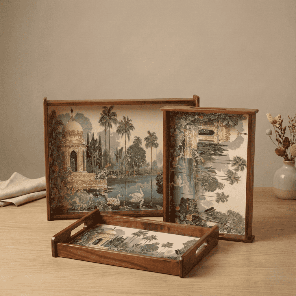 Tropical Serenity Wooden Serving Tray Set of 3 Teak Wood with elegant designs and sturdy handles