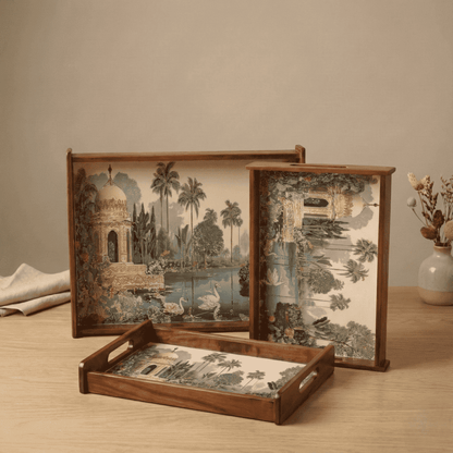 Tropical Serenity Wooden Serving Tray Set of 3 Teak Wood with elegant designs and sturdy handles