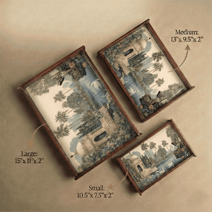 Tropical Serenity Wooden Serving Tray Set of 3 Teak Wood in large, medium, and small sizes with vibrant designs.
