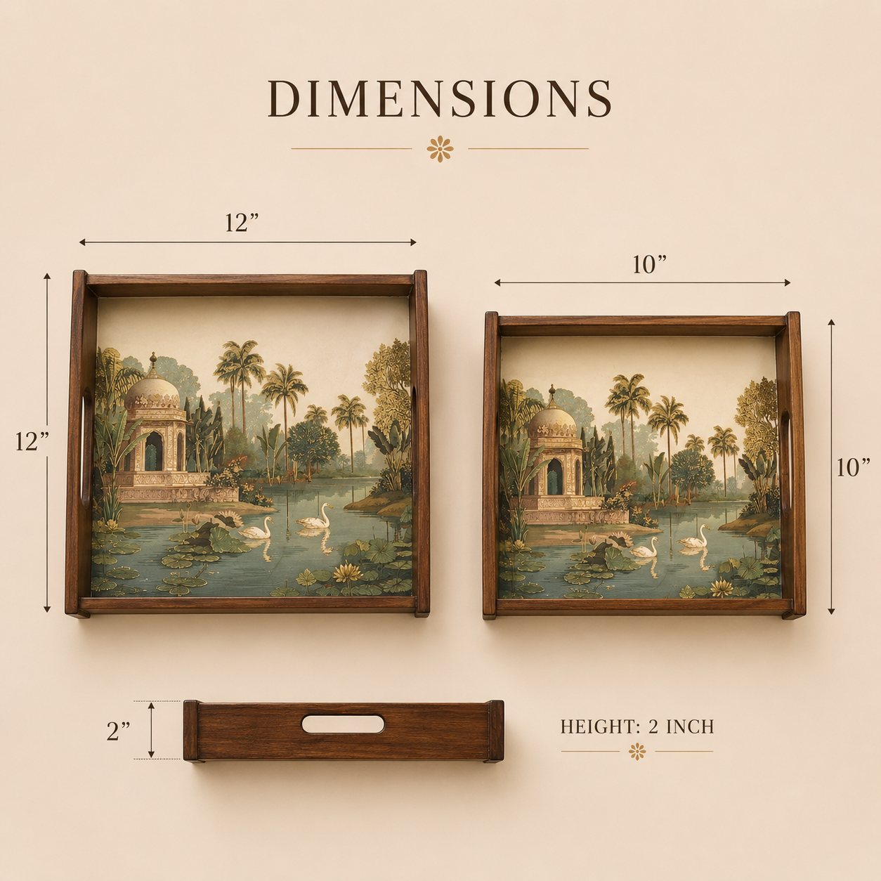 Tropical Serenity Wooden Serving Tray, Set of 2, Square - Dimensions