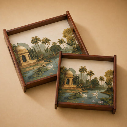 Tropical Serenity Wooden Serving Tray, Set of 2, Square - Hero