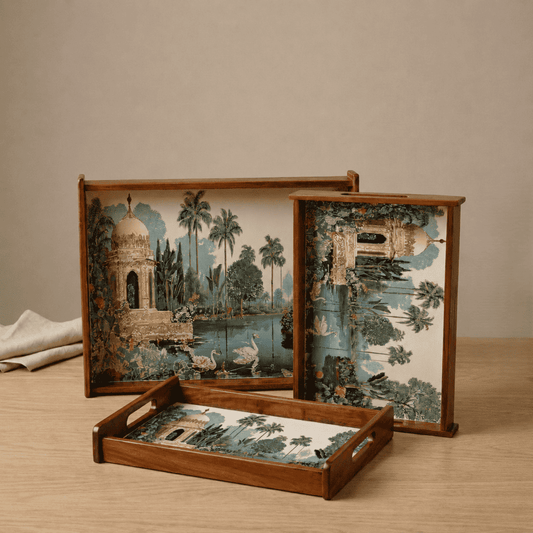 Tropical Serenity Wooden Serving Tray, Set of 3, Premium Teak Wood