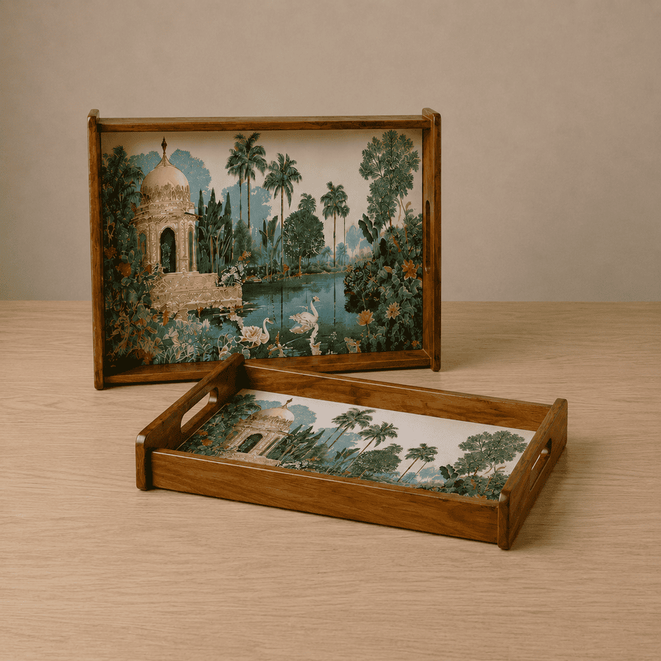 Tropical Serenity Wooden Serving Tray, Set of 2, Premium Teak Wood