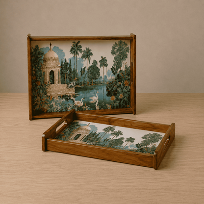 Tropical Serenity Wooden Serving Tray, Set of 2, Premium Teak Wood