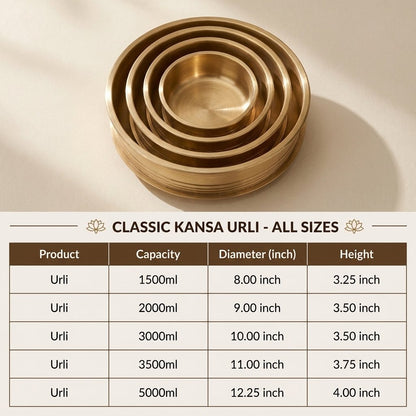 Classic Kansa Urli size chart — all sizes from 1500ml to 5000ml with capacity, diameter, and height