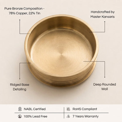 Kansa Urli features — pure bronze composition, handcrafted by master kansaris, ridged base detailing, deep rounded wall