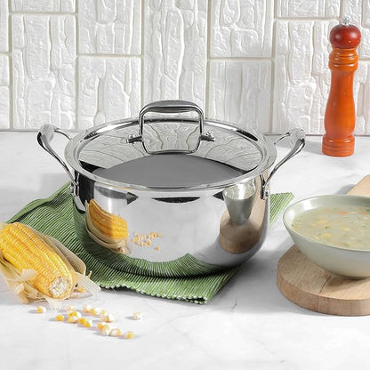 Vinod Platinum Triply Stainless Steel Saucepot 22cm 4L with lid, perfect for cooking soups and stews