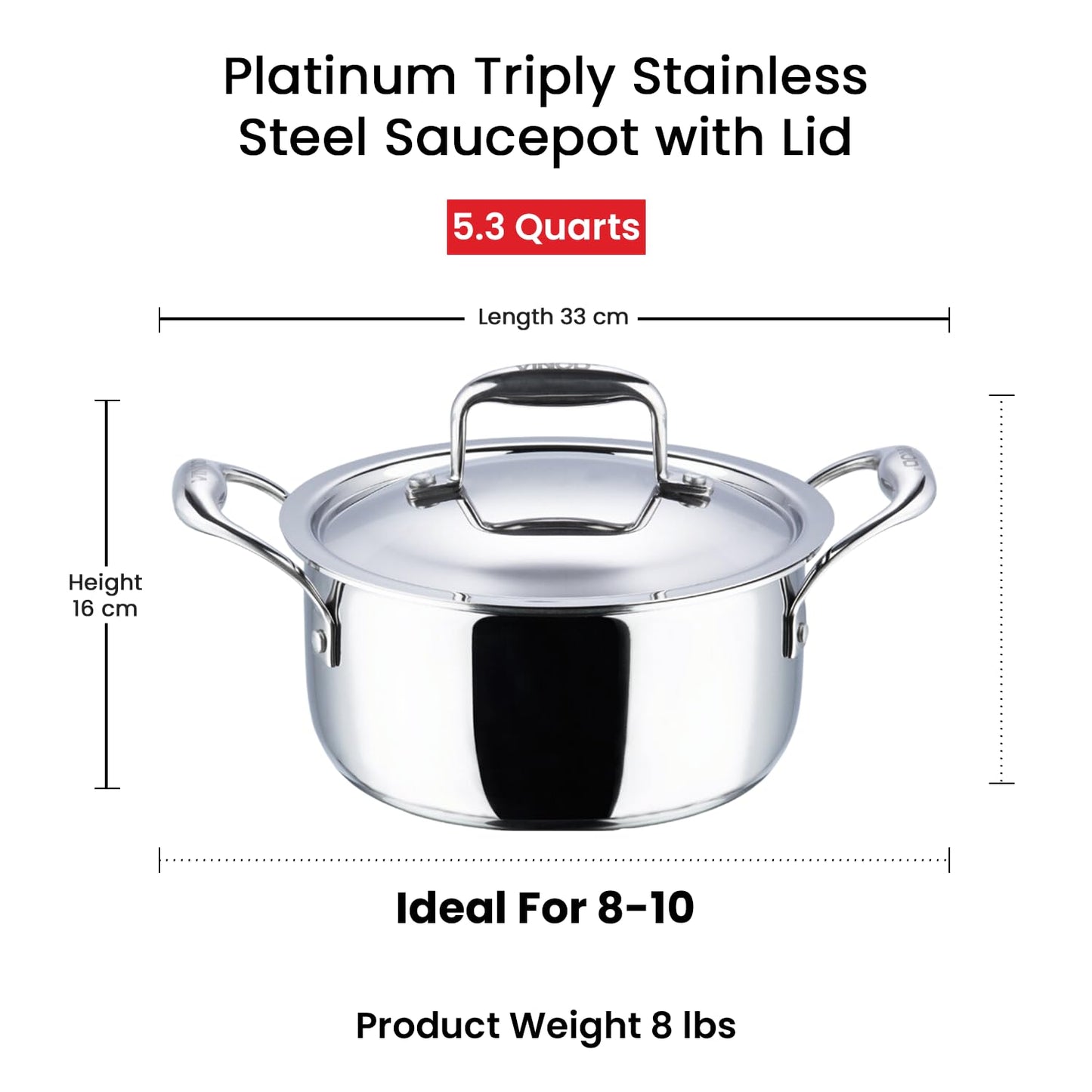 Vinod Platinum Triply Stainless Steel Saucepot 24cm 5L with Lid, Perfect for Cooking for 8-10 People