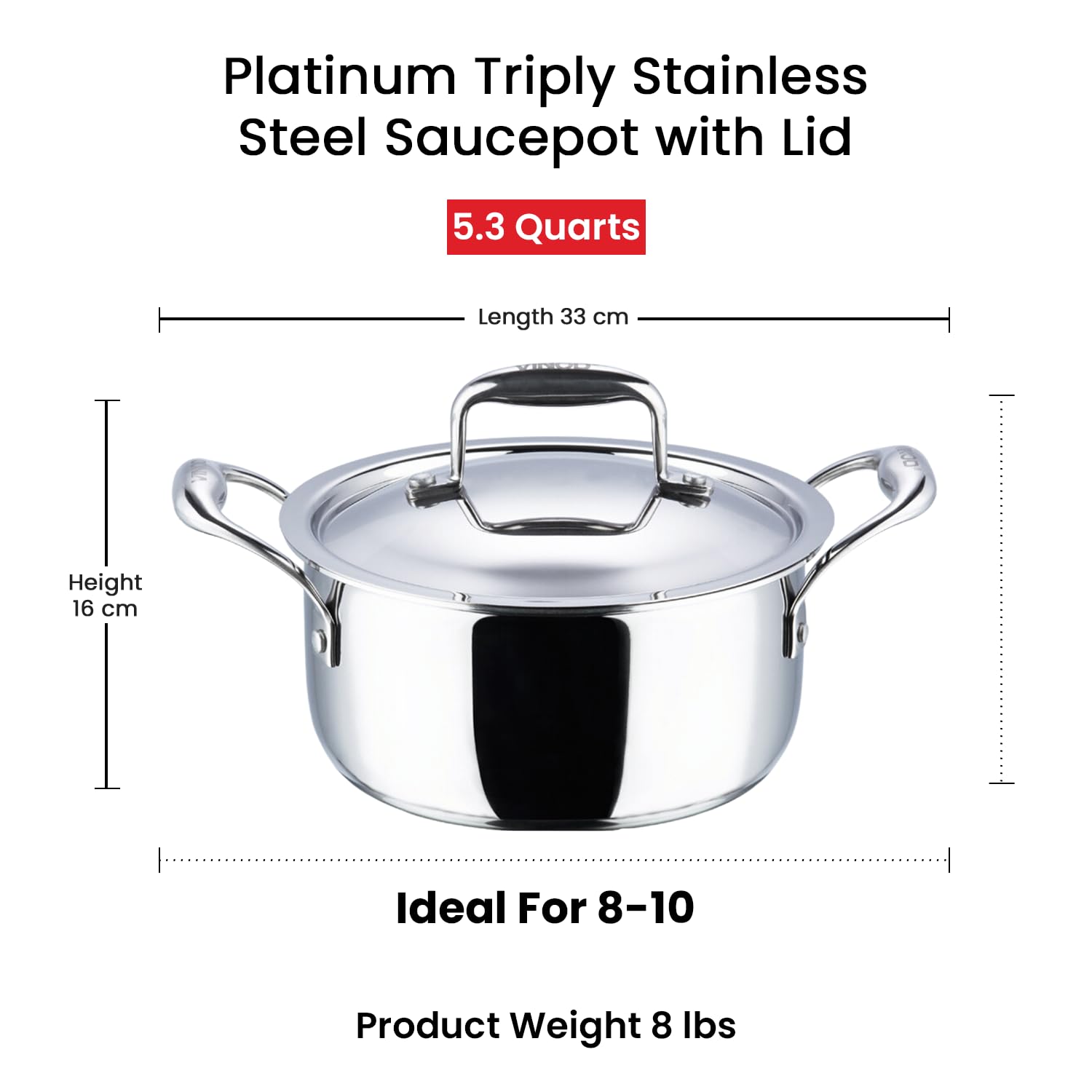 Vinod Platinum Triply Stainless Steel Saucepot 24cm 5L with Lid, Perfect for Cooking for 8-10 People