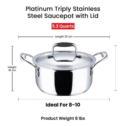 Vinod Platinum Triply Stainless Steel Saucepot 24cm 5L with Lid, Perfect for Cooking for 8-10 People