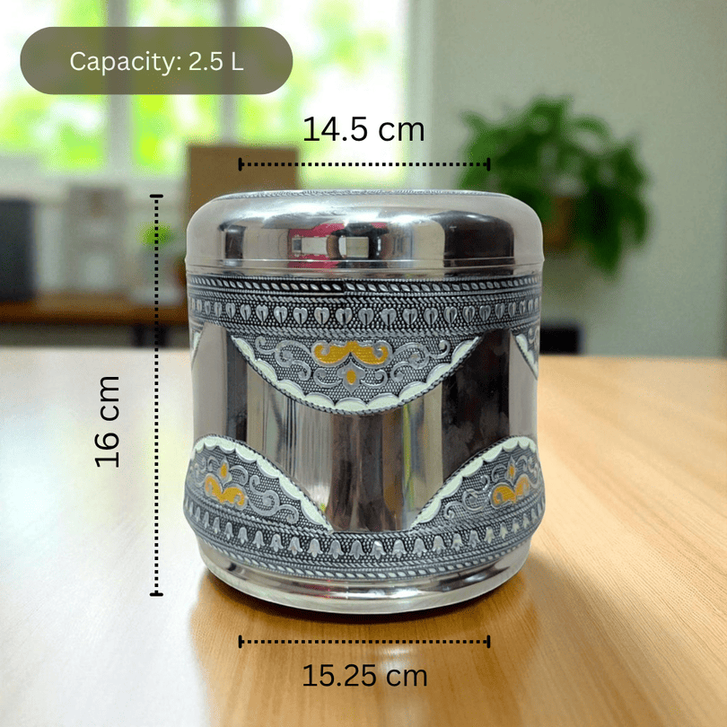 Mirror Antique Stainless Steel Dabba with 2.5 liter capacity and intricate decorative design