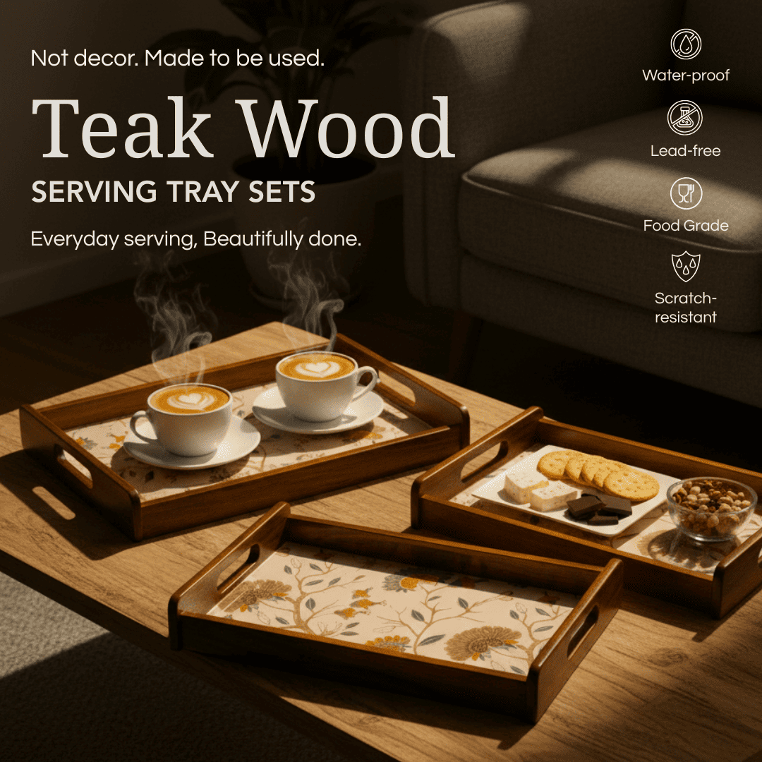 Majestic Heron Wooden Serving Tray, Set of 2, Premium Teak Wood